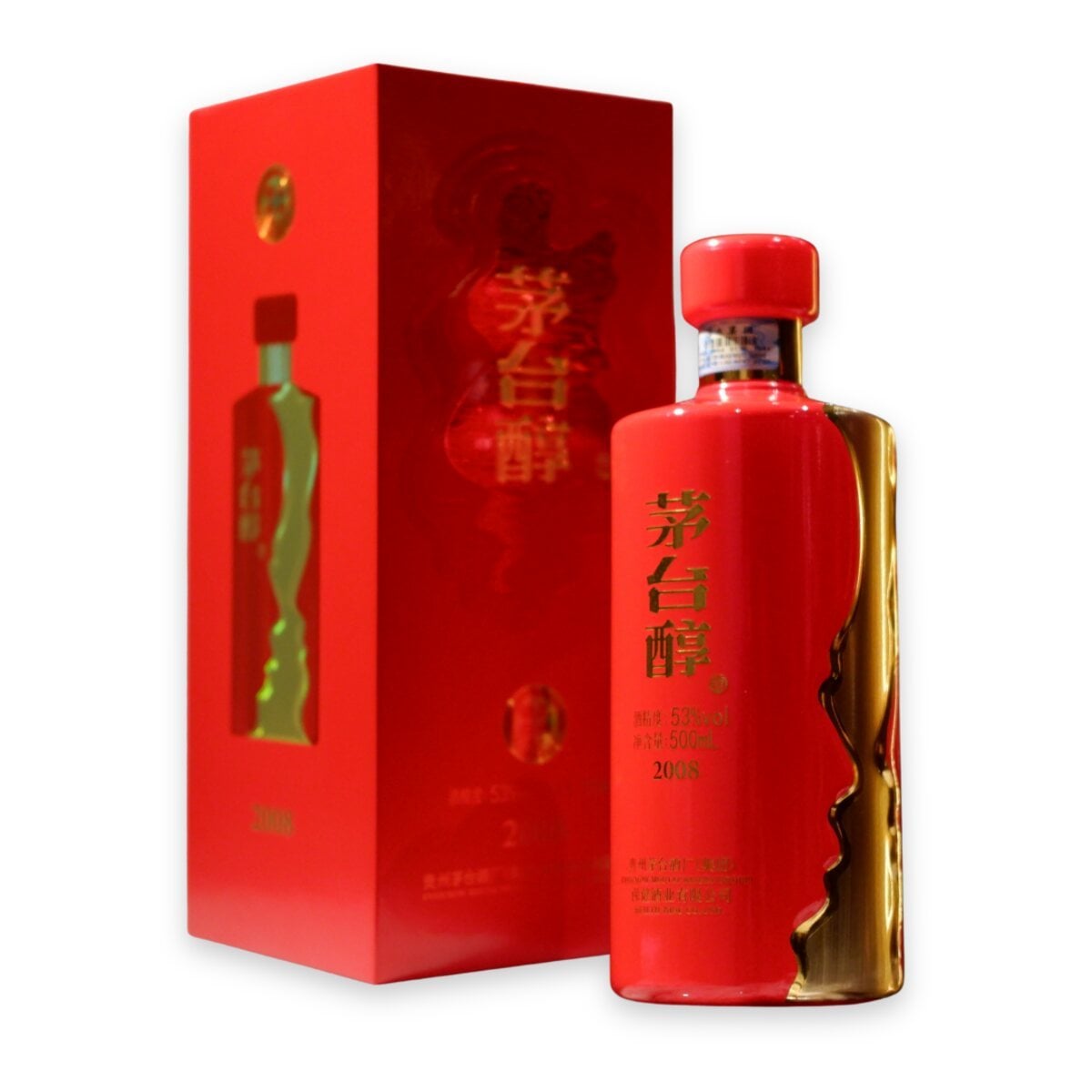 Chai đỏ dải vàng lượn sóng Mao Đài Thuần 2008 cạnh hộp đỏ