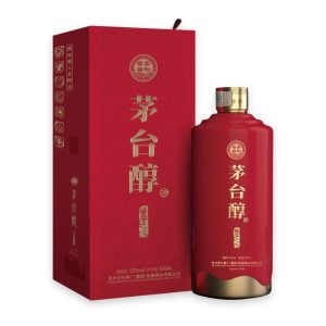 Chai đỏ bóng đáy bọc vàng Mao Đài Thuần cạnh hộp đỏ hoa văn sóng