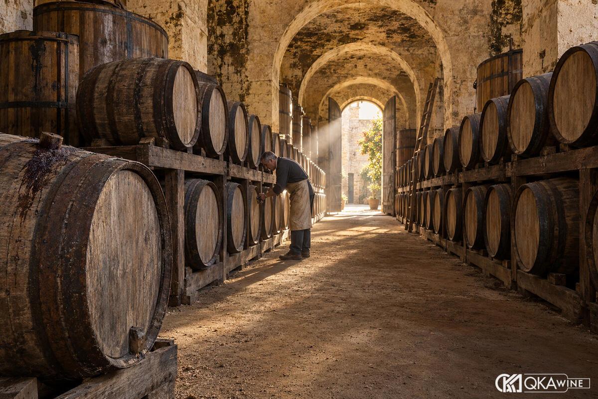 Dãy thùng sồi trong hầm đá Sicily dưới ánh vàng từ cửa vòm
