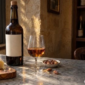 Rượu Marsala hổ phách cạnh ly nhỏ, hạnh nhân, phô mai trên bàn đá