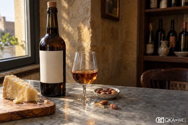Rượu Marsala hổ phách cạnh ly nhỏ, hạnh nhân, phô mai trên bàn đá
