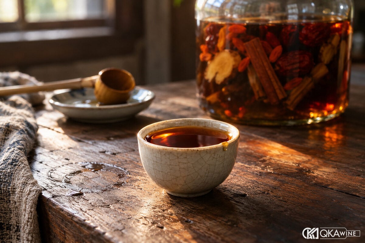 Chén sứ đựng rượu nâu đỏ cạnh bình ngâm trên bàn gỗ