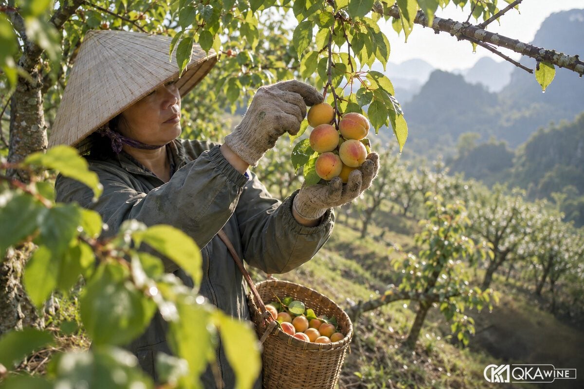 Tay người hái đỡ chùm mơ má đào trong vườn Mộc Châu