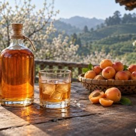 Chai rượu mơ Việt Nam cạnh ly đá và rổ mơ má đào
