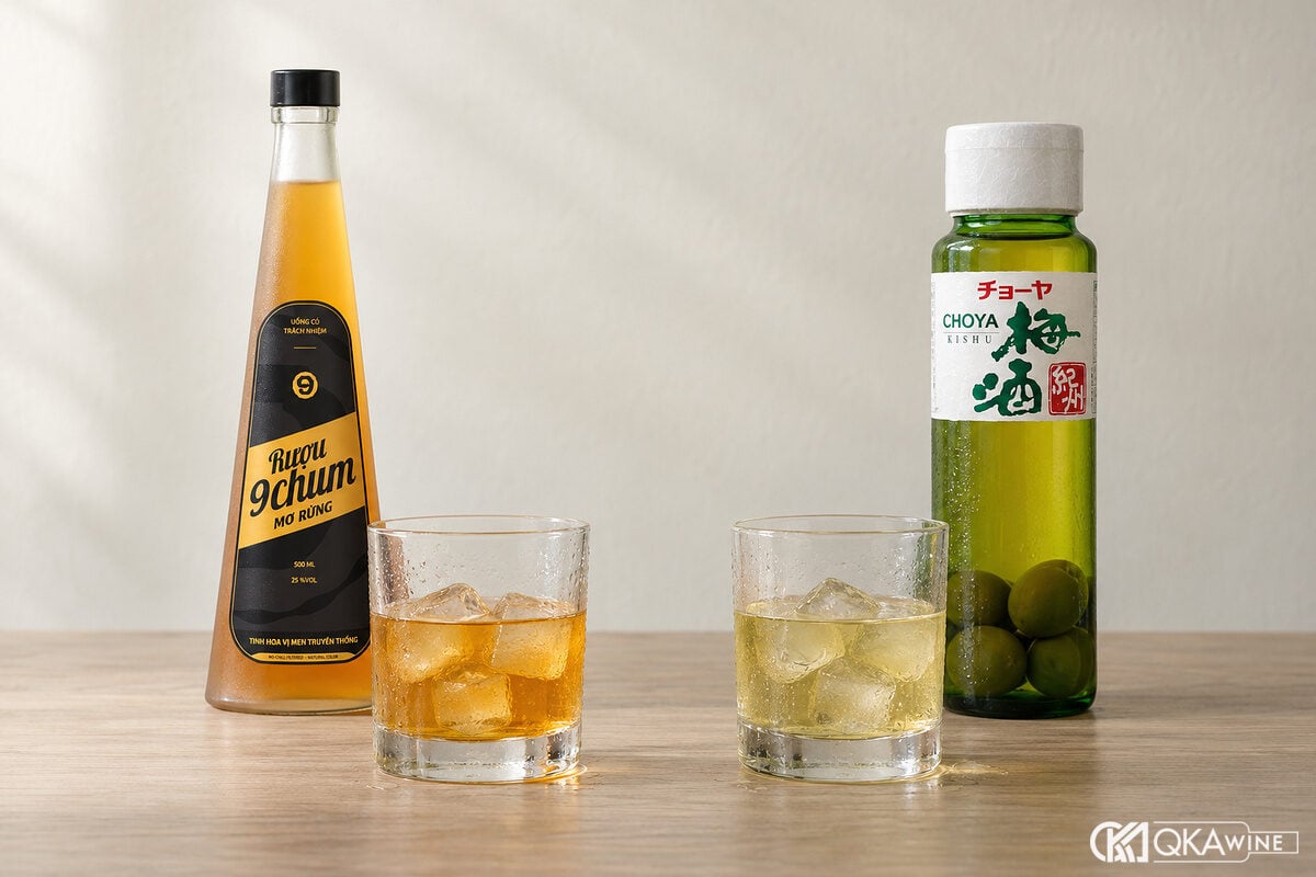 Hai ly rượu mơ đá cạnh chai Việt và umeshu Nhật