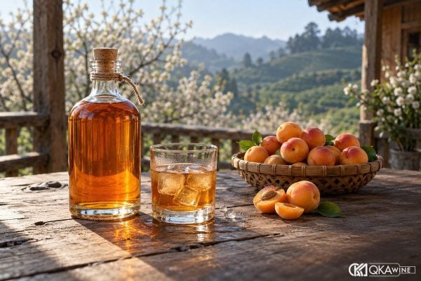 Chai rượu mơ Việt Nam cạnh ly đá và rổ mơ má đào