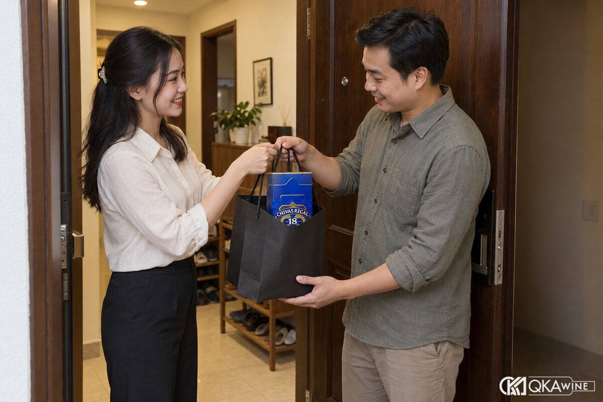 Tay người lớn trao túi giấy đựng hộp rượu tại cửa nhà