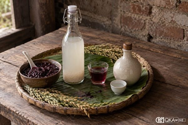 Bốn kiểu rượu nếp bày trong bát, chai và nậm trên mâm tre