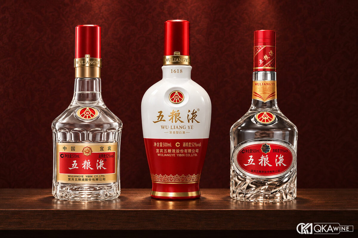 Ba chai bạch tửu khác dòng xếp hàng trên kệ gỗ sẫm