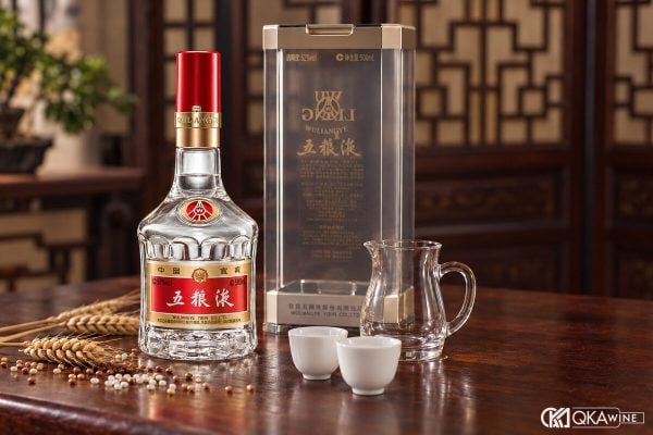 Chai rượu Ngũ Lương Dịch nắp đỏ cạnh hộp và hai chén sứ