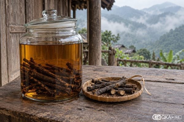 Bình rượu sâm cau vàng nâu chứa thân rễ trên bàn gỗ