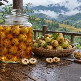 Bình rượu táo mèo hổ phách cạnh rổ quả trên bàn gỗ