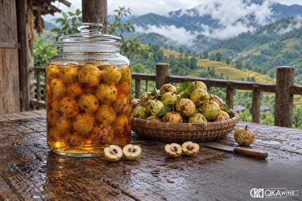 Bình rượu táo mèo hổ phách cạnh rổ quả trên bàn gỗ