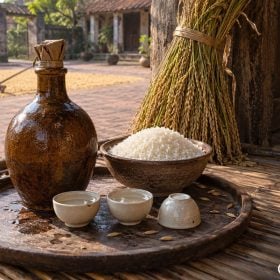 Nậm gốm và chén rượu trắng trên mâm gỗ cạnh bát gạo