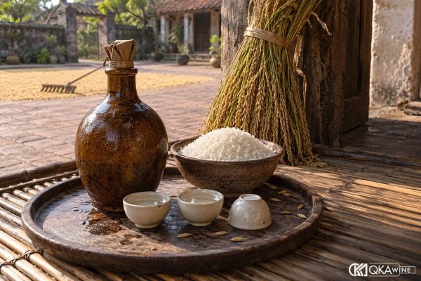Nậm gốm và chén rượu trắng trên mâm gỗ cạnh bát gạo