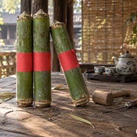 Ba ống rượu tre xanh nhãn đỏ dựng cạnh búa gỗ nhỏ