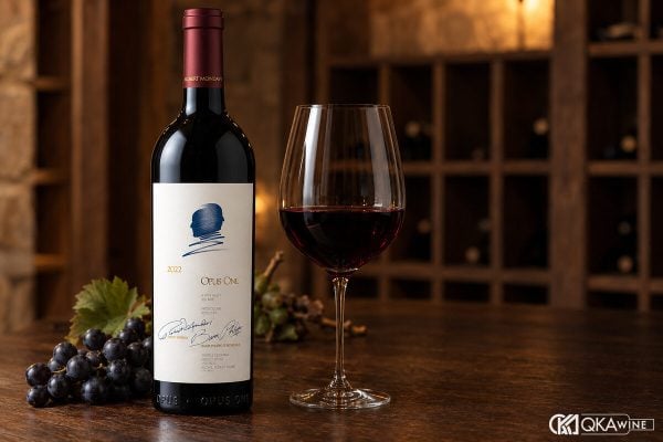 Chai Opus One nhãn kem, hai chân dung nghiêng xanh cạnh ly vang lớn