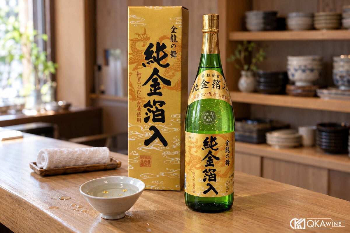 Chai sake 1,8 lít cạnh chén gốm nổi vài mảnh vàng lá