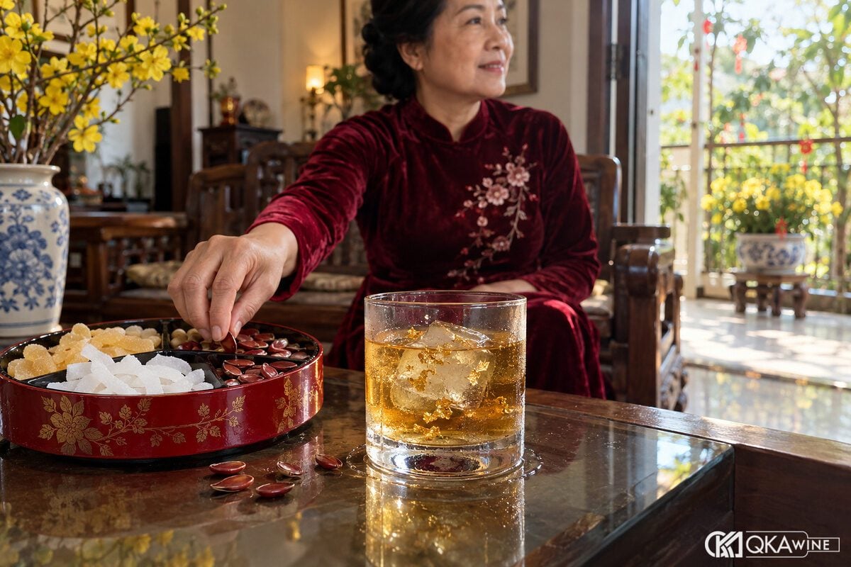 Ly rượu mơ đá có vàng lá cạnh mứt Tết, hạt dưa