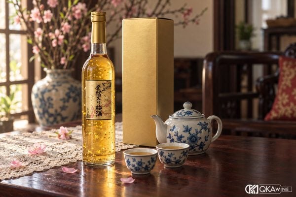 Chai rượu vảy vàng 500 ml cạnh hộp vàng trên bàn trà Tết