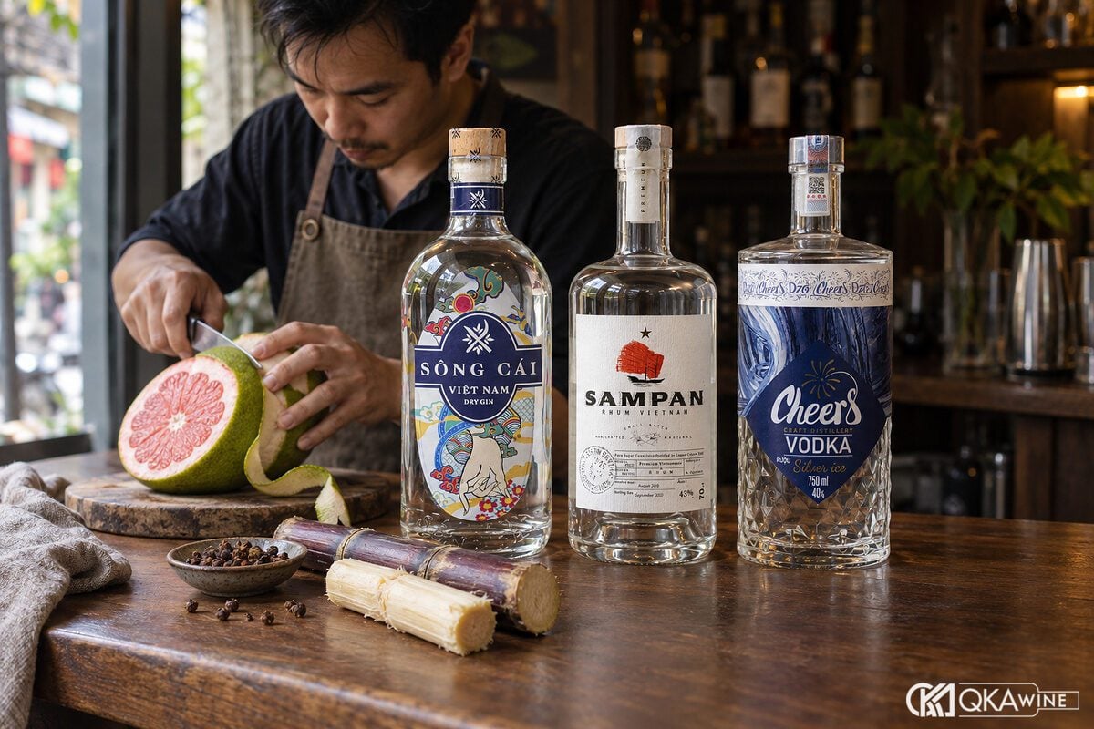 Chai gin, rum, vodka Việt cạnh bưởi, mắc khén và cây mía