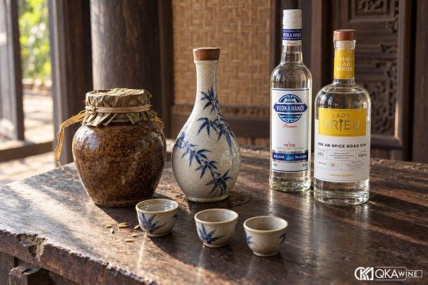 Rượu Việt Nam bày cùng chum sành và chén trên bàn gỗ