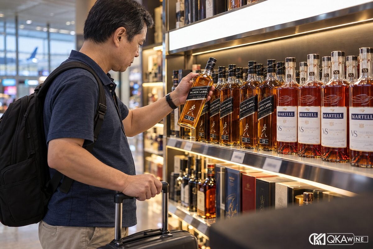 Kệ whisky và cognac trong cửa hàng miễn thuế tại sân bay