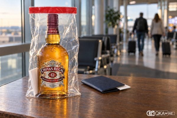 Chai rượu xách tay trong túi niêm phong cạnh hộ chiếu