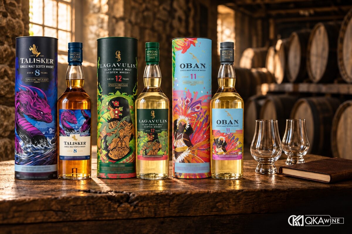 Talisker 8 Special Release 2021, Lagavulin 12 Special Releases 2023 và Oban 11 Special Releases 2023 cùng ống giấy trên bàn gỗ trong kho ủ whisky