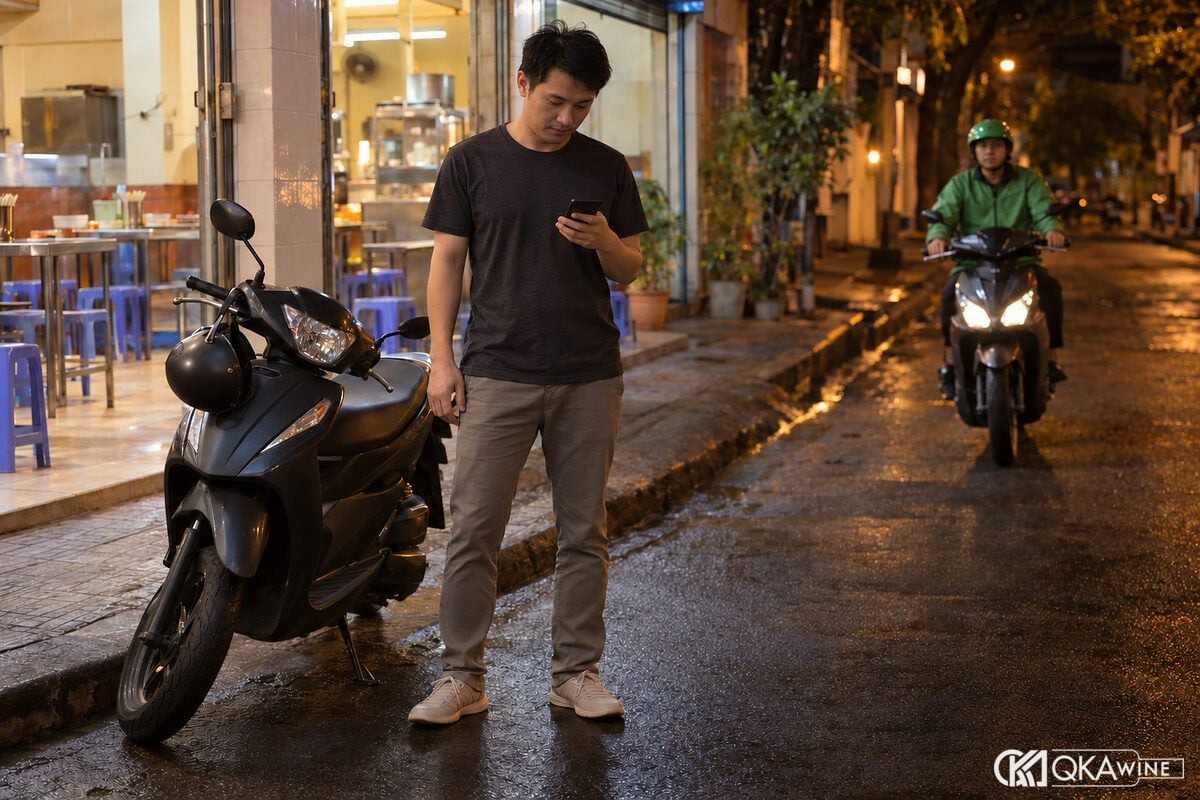 Người đàn ông Việt Nam gọi xe trên vỉa hè ban đêm