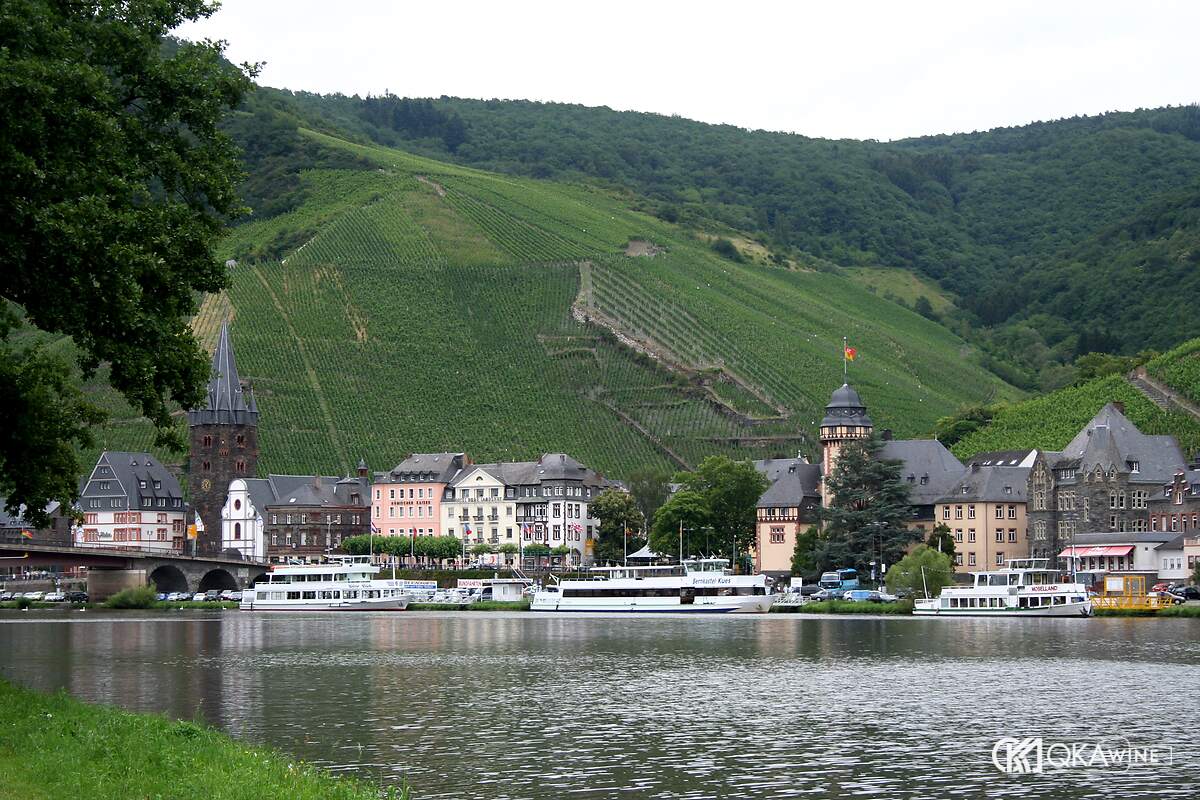 Vườn nho dốc trên đồi phía sau thị trấn Bernkastel-Kues bên sông Mosel, Đức