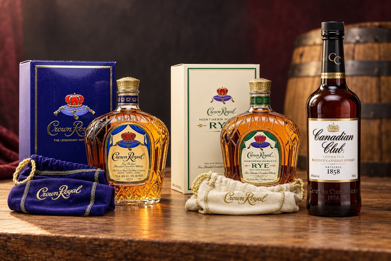 Crown Royal The Legendary Import, Crown Royal Northern Harvest Rye và Canadian Club trong bố cục minh họa trên bàn gỗ