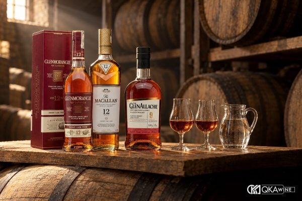 Glenmorangie Lasanta 12, Macallan 12 Sherry Oak và GlenAllachie 9 Oloroso Sherry Cask Finish trên thùng sherry trong kho ủ whisky