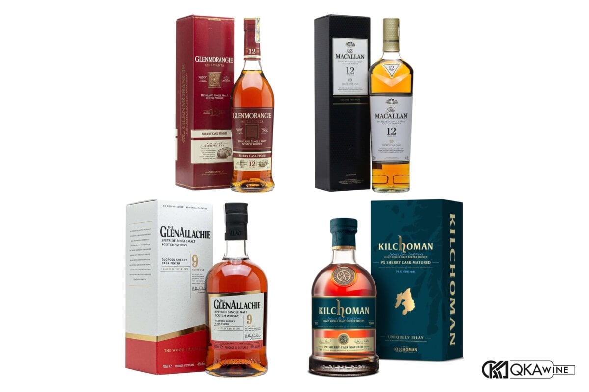 Glenmorangie Lasanta 12, Macallan 12 Sherry Oak, GlenAllachie 9 Oloroso Sherry Cask Finish và Kilchoman PX Sherry Cask Matured tại QKAWine