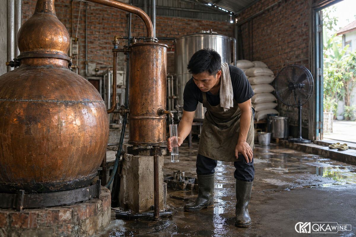 Người thợ kiểm tra dòng rượu cạnh nồi đồng ở Hà Nội