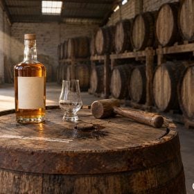 Chai whisky Việt Nam trên thùng sồi trong kho ánh vàng
