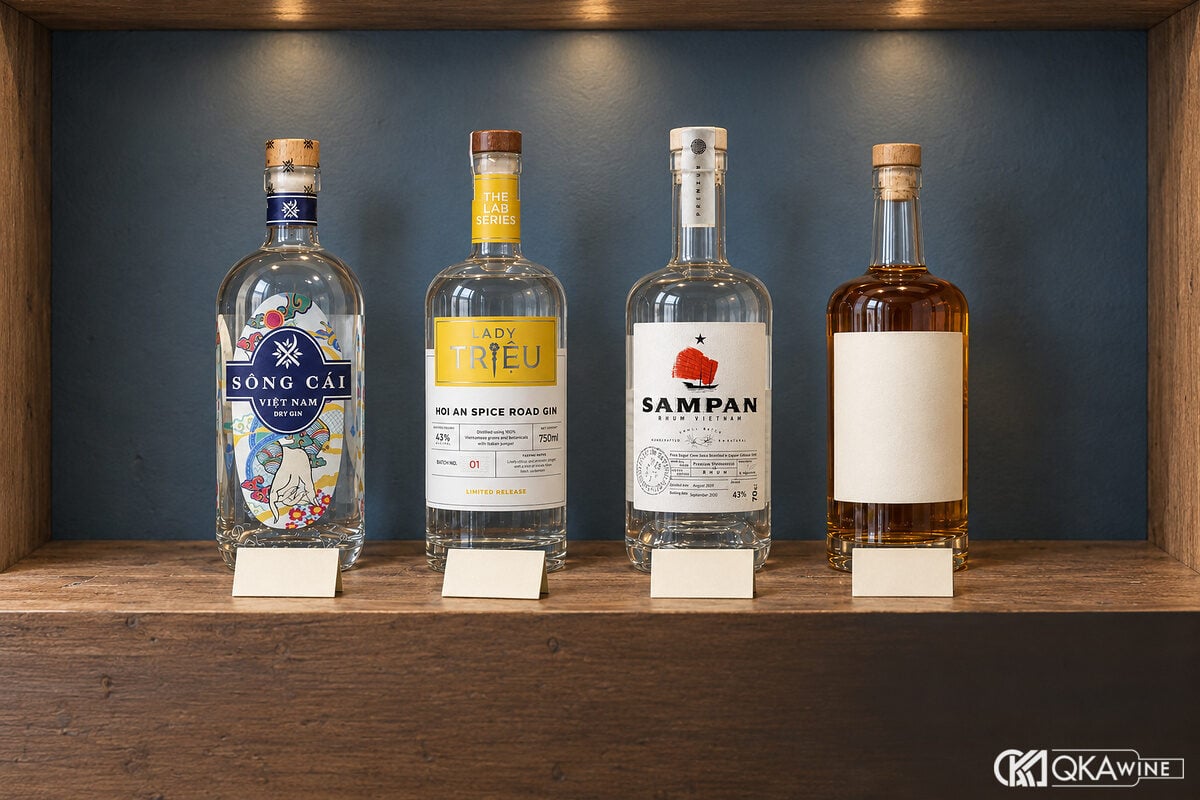 Kệ gin, rhum và whisky Việt có nhãn phụ rõ ràng