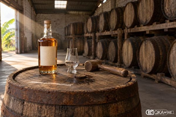 Chai whisky Việt Nam trên thùng sồi trong kho ánh vàng