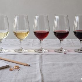 Năm ly vang trắng và đỏ xếp hàng trên bàn wine tasting