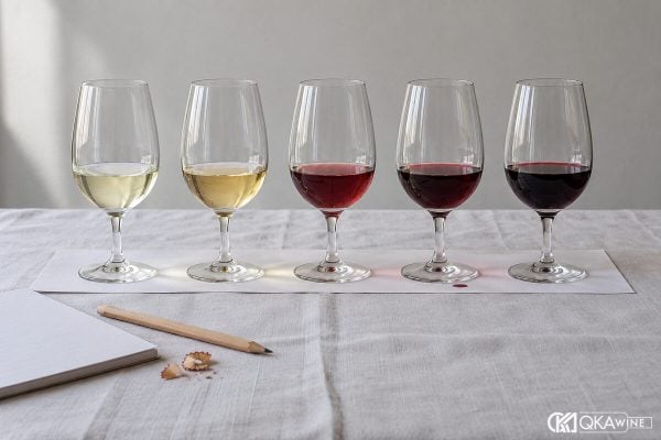 Năm ly vang trắng và đỏ xếp hàng trên bàn wine tasting